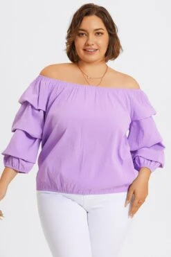 Lavender Off Shoulder Elastic Long Sleeves Top -Meetcurve Shop c topbc035001 5
