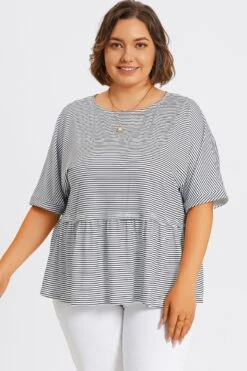 Meetcurve Shop 33 Black ļ¼ White Stripe Paneled Ruffled Hem Top