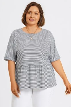 Black ＆ White Stripe Paneled Ruffled Hem Top -Meetcurve Shop c topbc036001 3