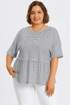 Black ＆ White Stripe Paneled Ruffled Hem Top -Meetcurve Shop c topbc036001 4