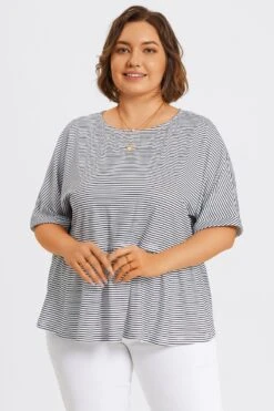 Black ＆ White Stripe Paneled Ruffled Hem Top -Meetcurve Shop c topbc036001 5