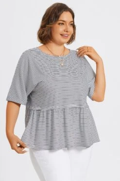 Black ＆ White Stripe Paneled Ruffled Hem Top -Meetcurve Shop c topbc036001 6