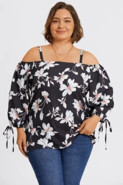 Floral Print Ruffle Knotted Sleeve Cold Shoulder Blouse -Meetcurve Shop c topbc038001 3