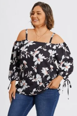 Floral Print Ruffle Knotted Sleeve Cold Shoulder Blouse -Meetcurve Shop c topbc038001 4