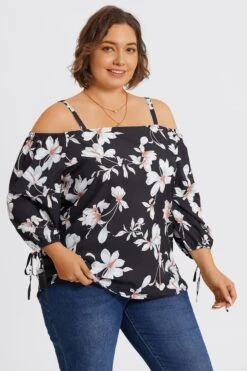 Floral Print Ruffle Knotted Sleeve Cold Shoulder Blouse -Meetcurve Shop c topbc038001 5