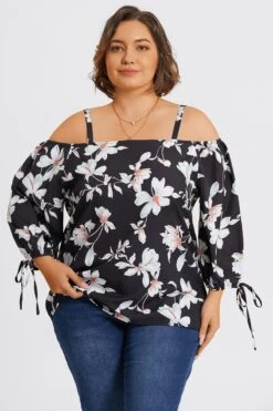 Floral Print Ruffle Knotted Sleeve Cold Shoulder Blouse -Meetcurve Shop c topbc038001 6