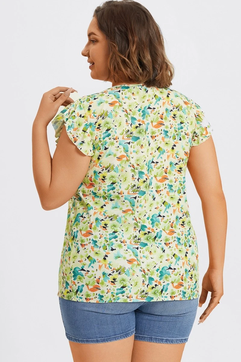 Plus Size Allover Floral Print Butterfly Sleeve Blouse 4 Plus Size Allover Floral Print Butterfly Sleeve Blouse - Image 2