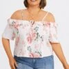 Floral Print Cold Shoulder Ruffle Trim Tie Front Blouse -Meetcurve Shop c topbc041001 1