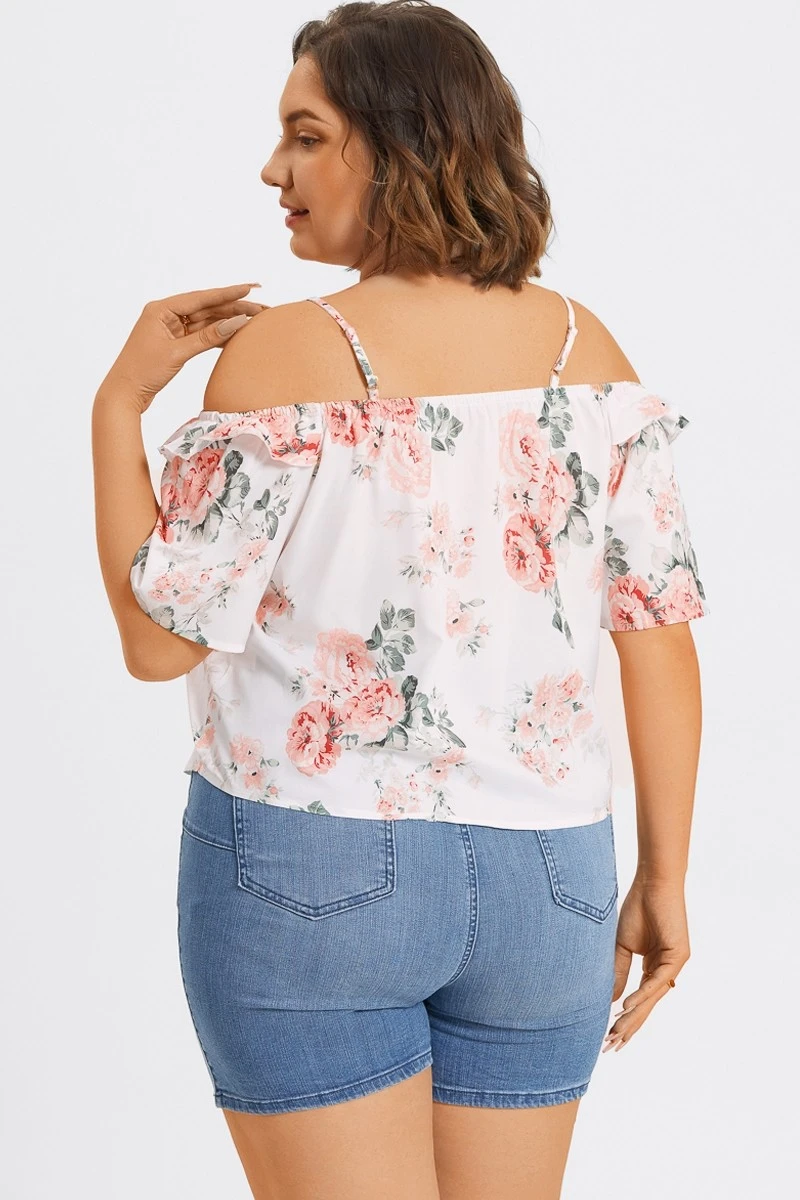 Floral Print Cold Shoulder Ruffle Trim Tie Front Blouse 4 Floral Print Cold Shoulder Ruffle Trim Tie Front Blouse - Image 2