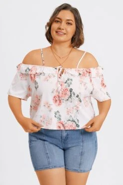 Floral Print Cold Shoulder Ruffle Trim Tie Front Blouse 10 Floral Print Cold Shoulder Ruffle Trim Tie Front Blouse -Meetcurve Shop c topbc041001 3