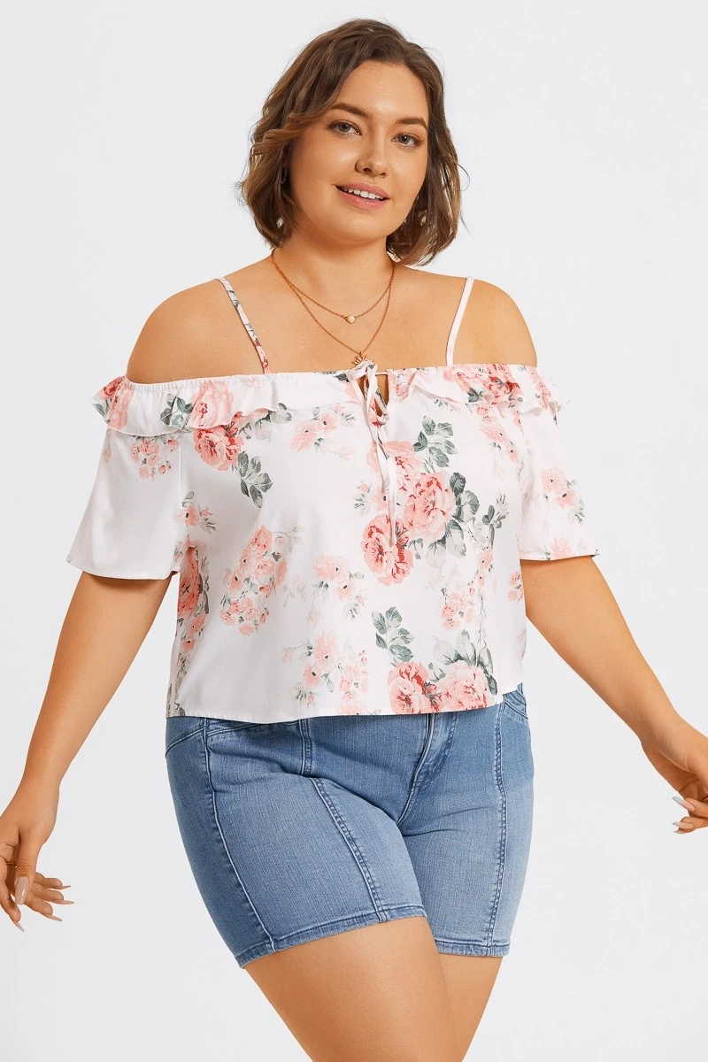 Floral Print Cold Shoulder Ruffle Trim Tie Front Blouse 6 Floral Print Cold Shoulder Ruffle Trim Tie Front Blouse - Image 4