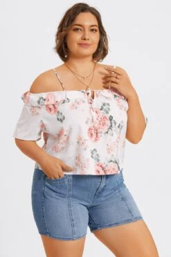 Floral Print Cold Shoulder Ruffle Trim Tie Front Blouse 12 Floral Print Cold Shoulder Ruffle Trim Tie Front Blouse -Meetcurve Shop c topbc041001 5