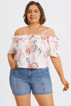 Floral Print Cold Shoulder Ruffle Trim Tie Front Blouse 13 Floral Print Cold Shoulder Ruffle Trim Tie Front Blouse -Meetcurve Shop c topbc041001 6