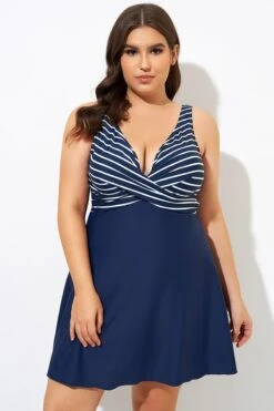 Navy And White Stripe Wrap Front Swimdress -Meetcurve Shop dsc00050