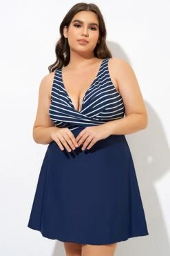 Navy And White Stripe Wrap Front Swimdress -Meetcurve Shop dsc00061