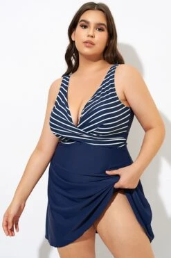 Navy And White Stripe Wrap Front Swimdress -Meetcurve Shop dsc00070