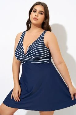 Navy And White Stripe Wrap Front Swimdress -Meetcurve Shop dsc00079