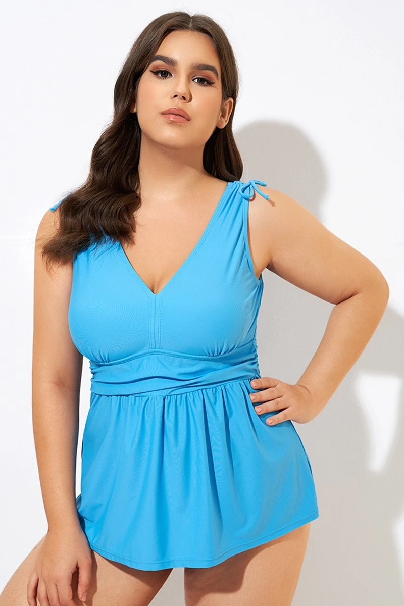 Blue Ruched Retro V Neck Tankini Top 5 Blue Ruched Retro V Neck Tankini Top - Image 3