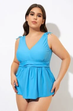 Meetcurve Shop 72 Blue Ruched Retro V Neck Tankini Top