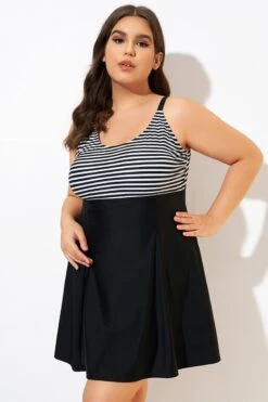 Black & White Stripe Elastic Adjustable Straps Swimdress -Meetcurve Shop dsc00455