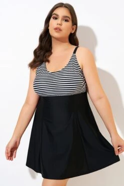 Black & White Stripe Elastic Adjustable Straps Swimdress -Meetcurve Shop dsc00461