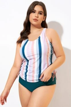Multi Stripe Built-in Bra Racerback Tankini Top -Meetcurve Shop dsc00652