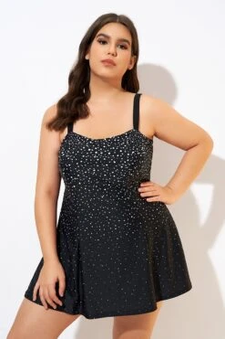 Black White Dot Square Neckline Adjustable Straps Swimdress -Meetcurve Shop dsc00685