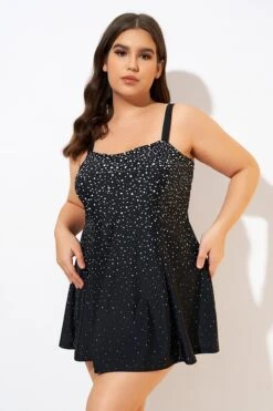 Black White Dot Square Neckline Adjustable Straps Swimdress -Meetcurve Shop dsc00688