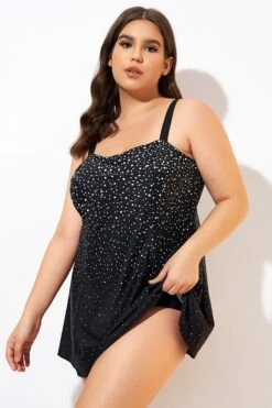 Black White Dot Square Neckline Adjustable Straps Swimdress -Meetcurve Shop dsc00693