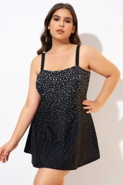 Black White Dot Square Neckline Adjustable Straps Swimdress -Meetcurve Shop dsc00713