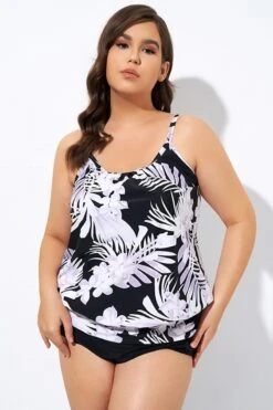 Leaf Printed Adjustable Straps Lady's Blouson Tankini Top -Meetcurve Shop dsc06888