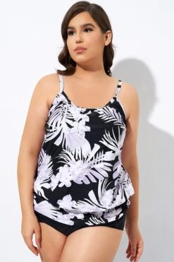 Leaf Printed Adjustable Straps Lady's Blouson Tankini Top -Meetcurve Shop dsc06915