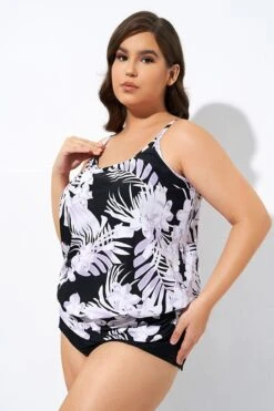 Leaf Printed Adjustable Straps Lady's Blouson Tankini Top -Meetcurve Shop dsc06935