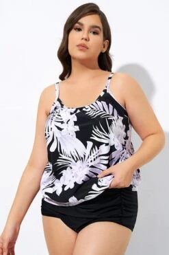 Leaf Printed Adjustable Straps Lady's Blouson Tankini Top -Meetcurve Shop dsc06943