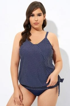 Navy Pindot Women Side Tie Round Neck Tankini Top -Meetcurve Shop dsc07014