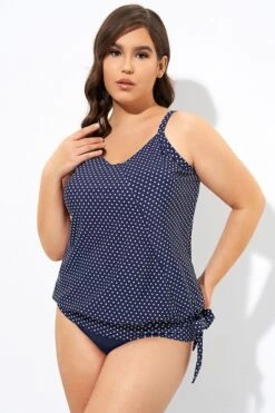 Navy Pindot Women Side Tie Round Neck Tankini Top -Meetcurve Shop dsc07023