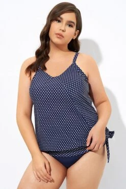 Navy Pindot Women Side Tie Round Neck Tankini Top -Meetcurve Shop dsc07035