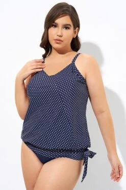 Navy Pindot Women Side Tie Round Neck Tankini Top -Meetcurve Shop dsc07052