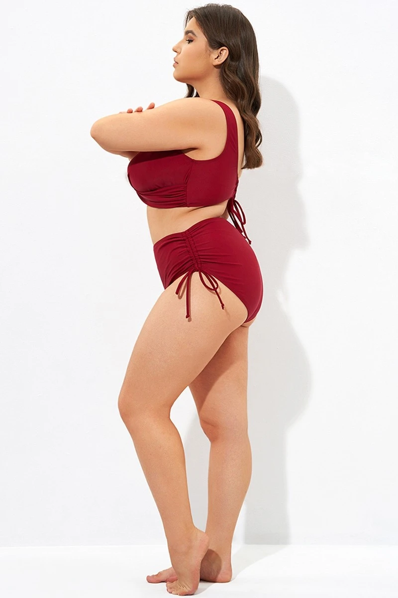 Red Drawstring Side High Waisted Bikini Bottom 5 Red Drawstring Side High Waisted Bikini Bottom - Image 3