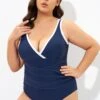 Blue Twist Front Plunge White Trim One Piece Swimsuit -Meetcurve Shop dsc07363