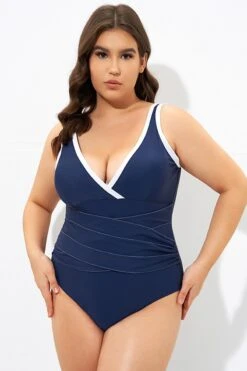 Blue Twist Front Plunge White Trim One Piece Swimsuit -Meetcurve Shop dsc07367