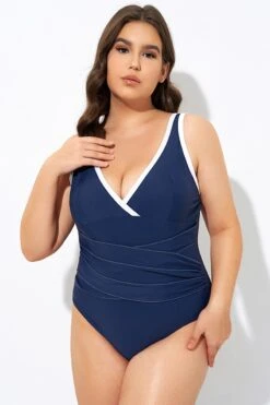 Blue Twist Front Plunge White Trim One Piece Swimsuit -Meetcurve Shop dsc07391