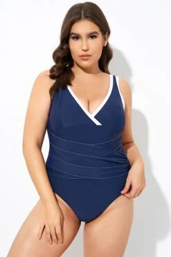 Blue Twist Front Plunge White Trim One Piece Swimsuit -Meetcurve Shop dsc07396