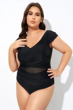 Black Mesh Cap Sleeve Cut Out One Piece Swimsuit
