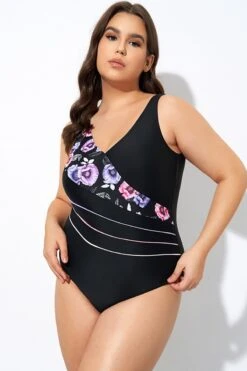 Black Flower Printed Women One Piece Swimsuit -Meetcurve Shop dsc07736