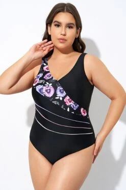 Black Flower Printed Women One Piece Swimsuit -Meetcurve Shop dsc07747