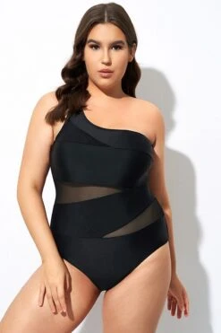 Black Mesh Sexy One Shoulder One Piece Swimsuit -Meetcurve Shop dsc07964