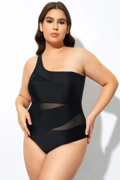 Black Mesh Sexy One Shoulder One Piece Swimsuit -Meetcurve Shop dsc07985