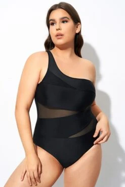 Black Mesh Sexy One Shoulder One Piece Swimsuit -Meetcurve Shop dsc07990