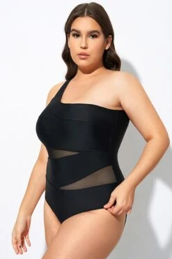 Black Mesh Sexy One Shoulder One Piece Swimsuit -Meetcurve Shop dsc07995